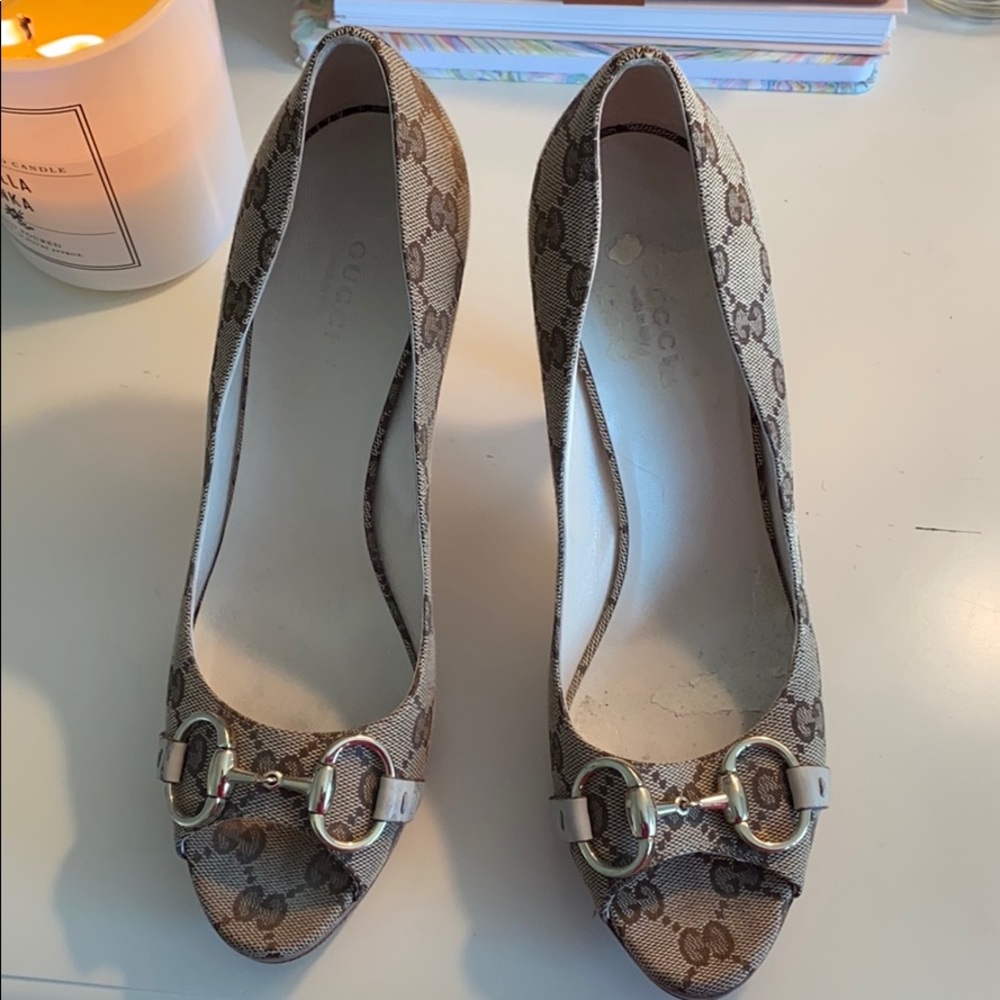 Gucci Monogram Peep Toe Pumps